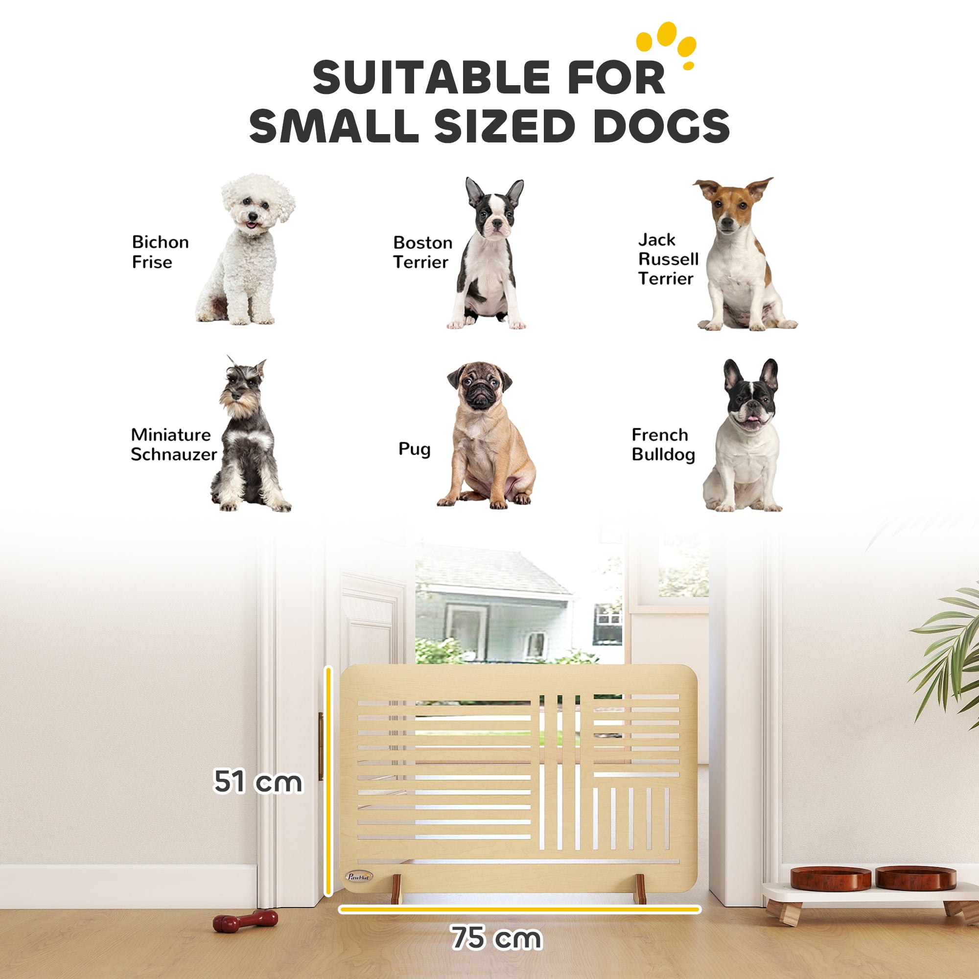 PawHut Freestanding Pet Gate, Portable Dog Barrier Gate with Feet for Small Breeds, 75 x 51 cm, Natural Wood 
