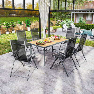 Outsunny Garden Table for 6, Outdoor Dining Table with 5cm Umbrella Hole, Wood Effect Top, Rust Resistant Frame, for Patio, Balcony, Terrace, 150 x 90 cm 