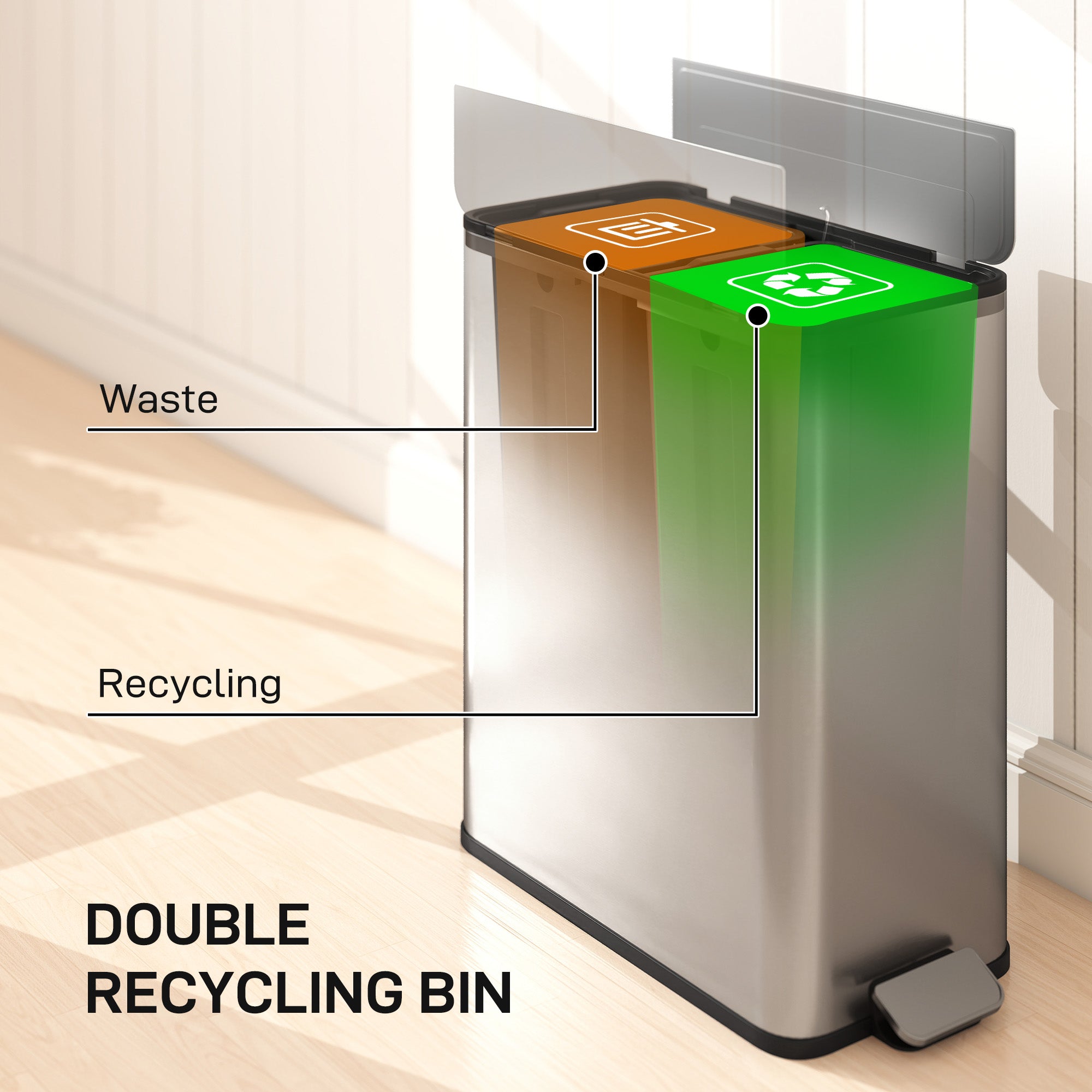 HOMCOM Dual Kitchen Bin with Soft-Close Butterfly Lid, 2 x 28L Stainless Steel Pedal Bin with Removable Inner Buckets, Fingerprint-Proof for Recycling and Waste, Silver Tone 