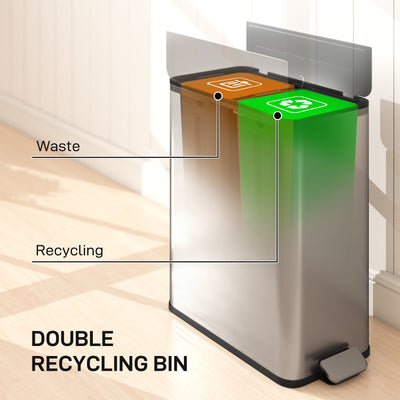 HOMCOM Dual Kitchen Bin with Soft-Close Butterfly Lid, 2 x 28L Stainless Steel Pedal Bin with Removable Inner Buckets, Fingerprint-Proof for Recycling and Waste, Silver Tone 