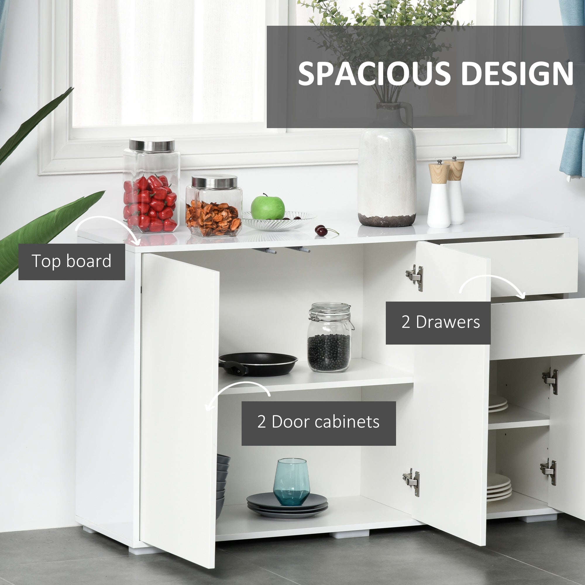 HOMCOM High Gloss Side Cabinet, Push-Open Design with 2 Drawers and 2 Cabinets for Living Room, 74H x 117W x 36Dcm, White 