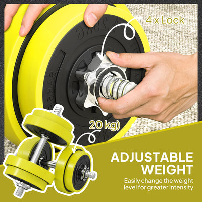 HOMCOM 20KGS 2-In-1 Dumbbell & Barbell Adjustable Set Strength Muscle Exercise Fitness Plate Bar Clamp Rod Home Gym Sports Area, Yellow 