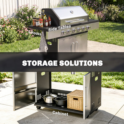 Outsunny 6 Burner Liquid Propane Gas BBQ Grill, Outdoor Portable Gas Barbecue Grill with Warming Rack, Side Tables, Cabinet 