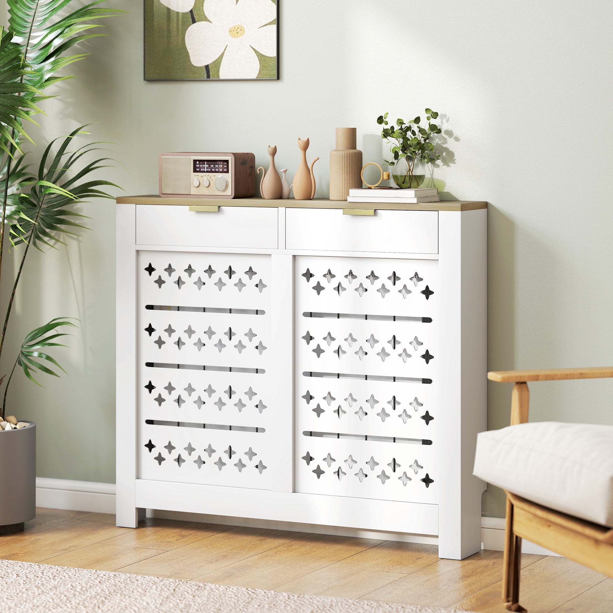 HOMCOM 108 x 19 cm Minimal Radiator Cover, with 2 Drawers - White 