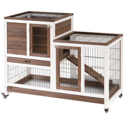 PawHut Two-Tier Rabbit Hutch Pet Cage, with Wheels - Brown 