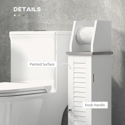 kleankin Slim Bathroom Floor Cabinet with Cupboard, Roll Holder and Adjustable Shelf, Toilet Roll Storage Unit for Toilet Paper, Shampoo, White 