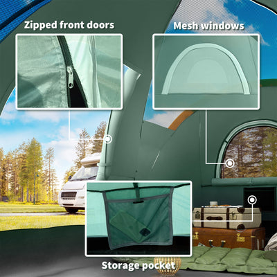 Outsunny 5-6 Man Dome Camping Tent Hiking Shelter UV Protection 3000mm Water Resistant Tunnel Tent - Dark Green 