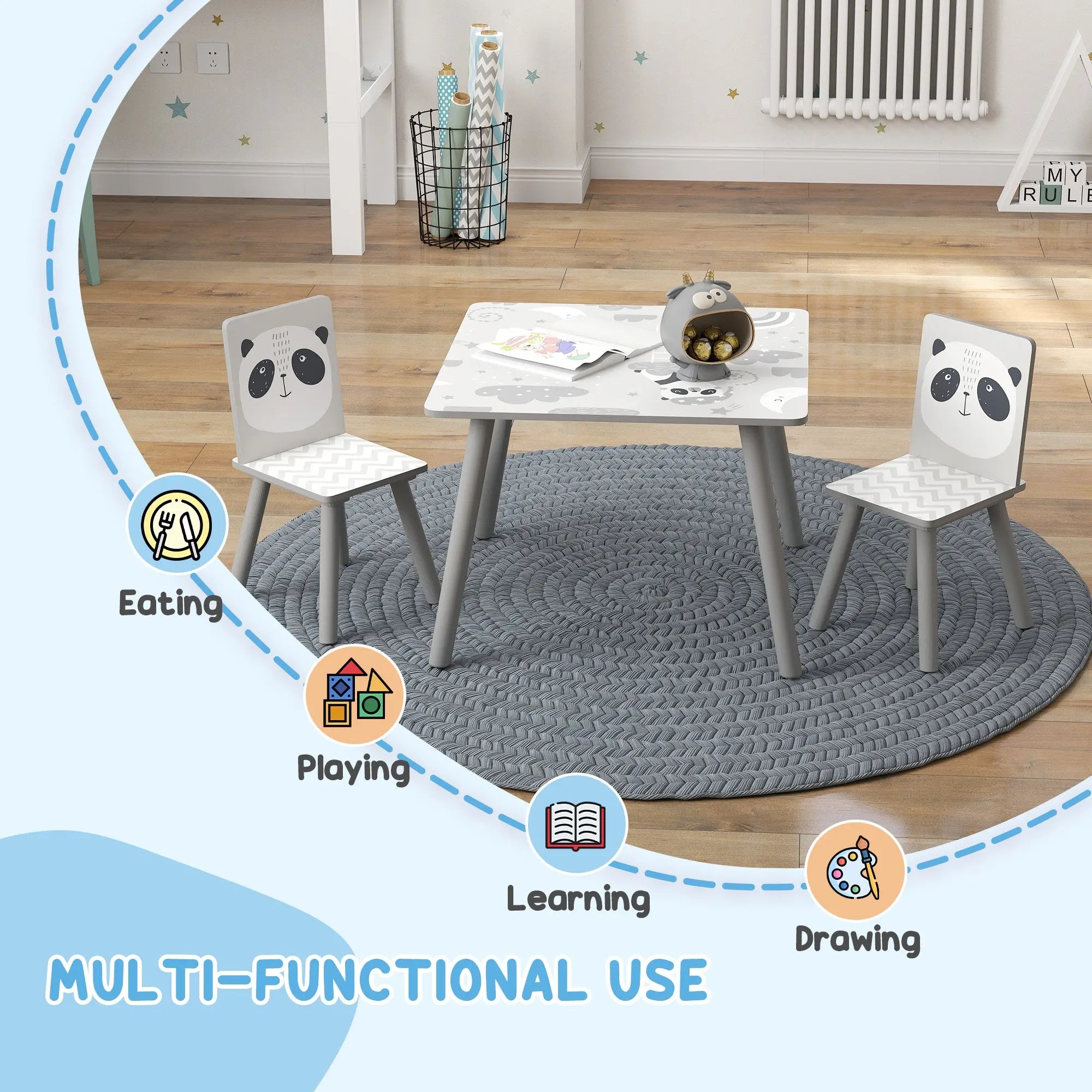 ZONEKIZ Kids Table and Chair Set, Toddler Table with 2 Chairs, Toddler Furniture Set, for Ages 3-8 Years - Grey 