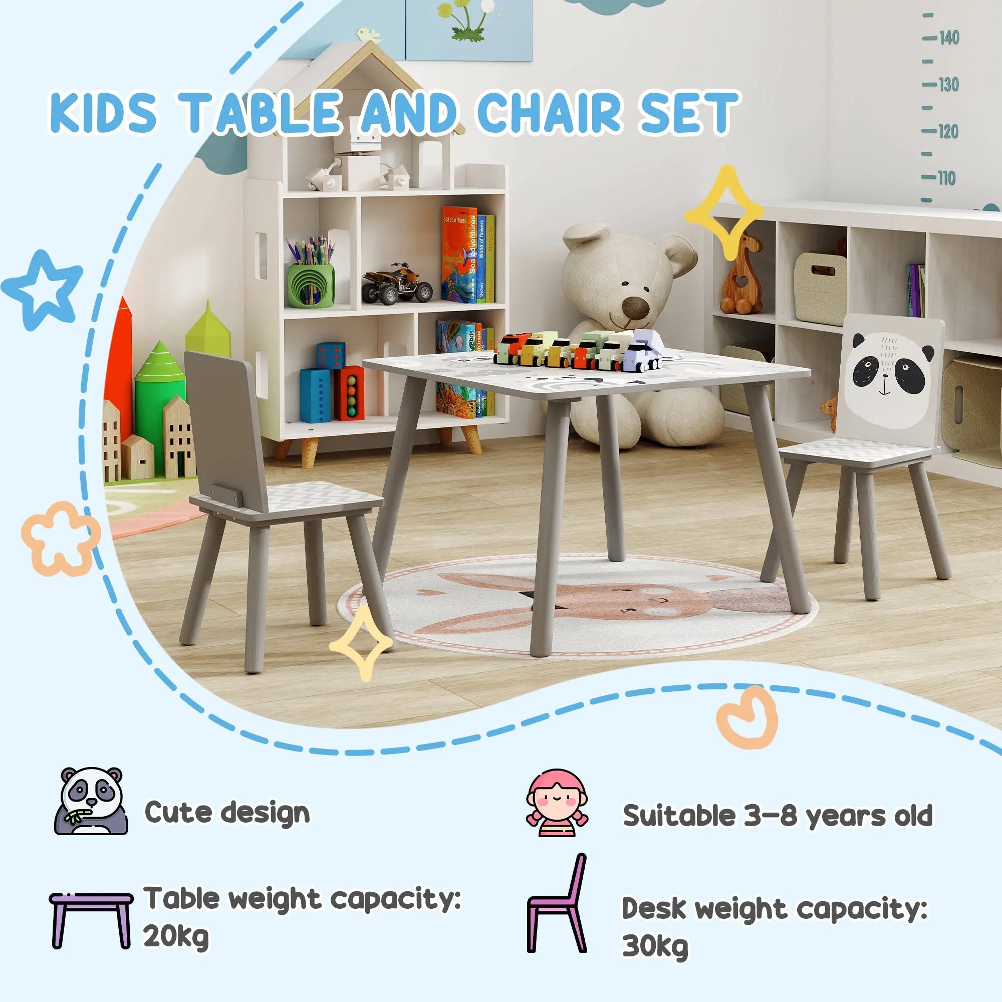 ZONEKIZ Kids Table and Chair Set, Toddler Table with 2 Chairs, Toddler Furniture Set, for Ages 3-8 Years - Grey 