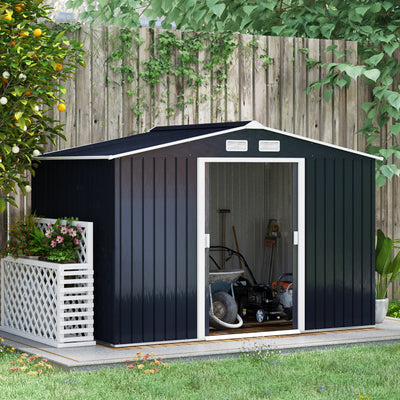 Outsunny 9 x 6ft Metal Garden Shed, Outdoor Storage Tool House with Ventilation Slots, Foundation Kit and Lockable Double Doors, Dark Grey 
