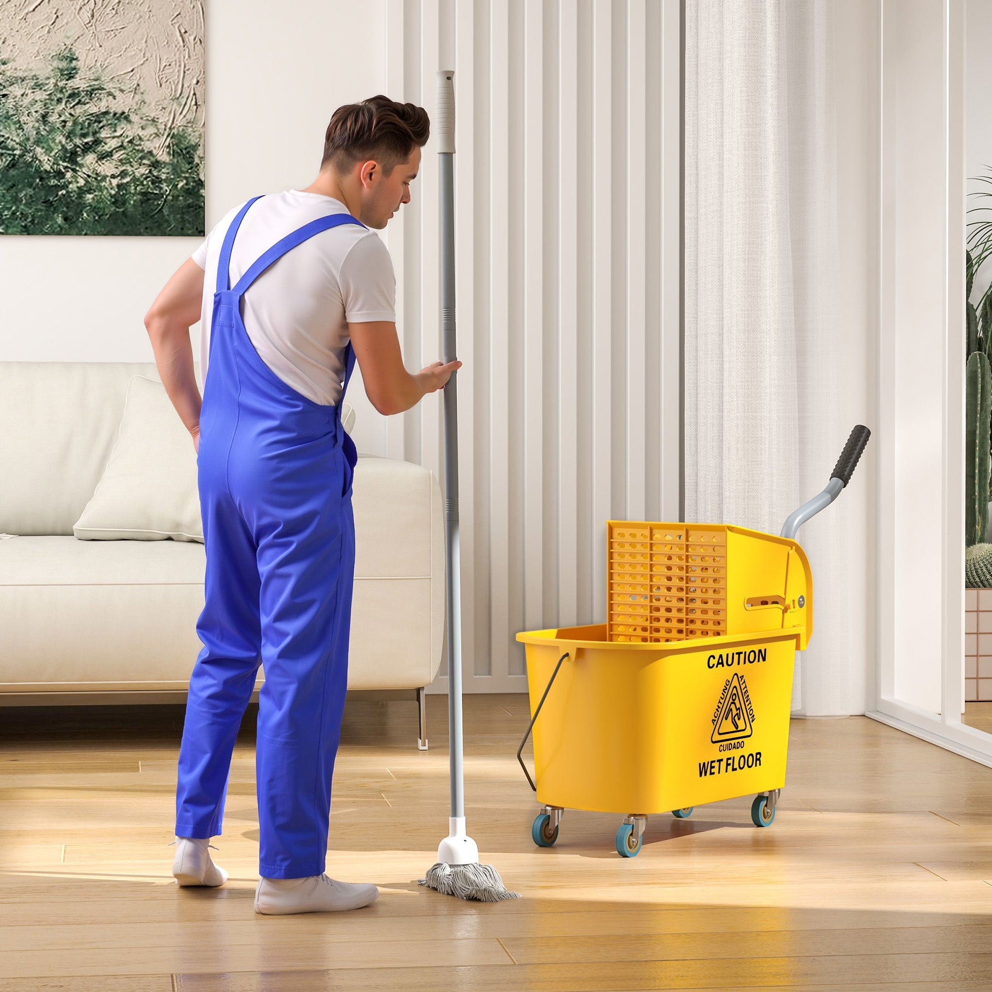 HOMCOM Mop Bucket with Wringer Set on Wheels for Floor Cleaning, 20 Litre Side Press Wringer with Handle and Mop, Yellow 