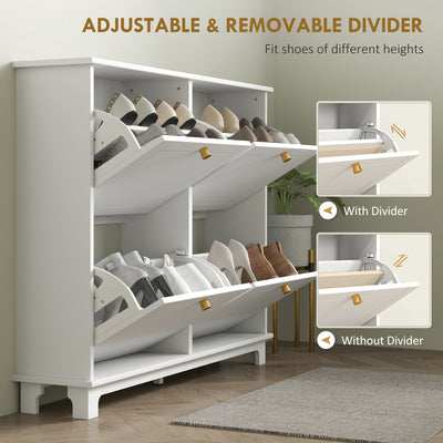 HOMCOM Narrow Shoe Storage Cabinet, Slim Shoe Cabinet with 4 Flip Drawers, Adjustable Shelves for 16 Pairs of Shoes, White 