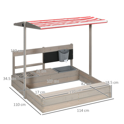 Outsunny Kids Wooden Sandbox w/ Canopy, Kitchen Toys, Seat, Storage, for 3-7 Years Old Outdoor Play 