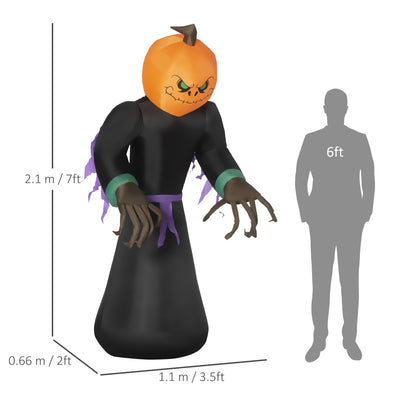 HOMCOM 2.1m Inflatable Pumpkin Ghost Head Monster Vampire 6 LED Halloween Blow Up Yard Holiday Decoration 