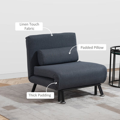HOMCOM Linen Chair Bed, 3-in-1 Convertible Sleeper Chair with Adjustable Backrest, Pillow, for Living Room, Bedroom, Dark Grey 