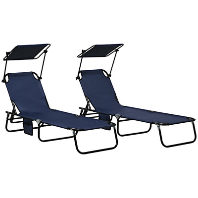 Outsunny 2 Piece Folding Sun Loungers with Canopy, Adjustable Recliner Garden Chairs with Side Pocket, Steel Frame and Breathable Mesh for Outdoor, Pool, Beach, Garden, Dark Blue 