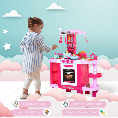 HOMCOM 38 Pcs Kids Children Kitchen Play Set w/ Realistic Sounds Lights Food Utensils Pots Pans Appliances Toy Game Pink 