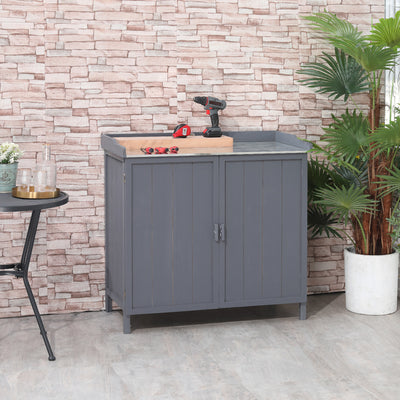 Outsunny Garden Storage Cabinet, Outdoor Tool Shed, Potting Bench Table with Galvanized Top and Two Shelves for Yard Tools or Pool Accessories, Grey 