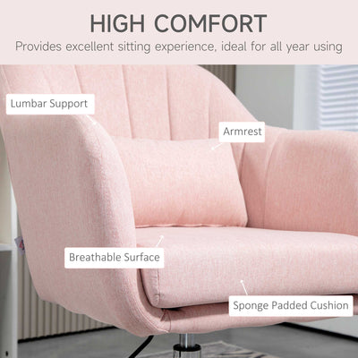 HOMCOM Swivel Linen Fabric Accent Chair for Living Room Contemporary Vanity Armchair with Adjustable Height Thick Cushion Lumbar Support Armrest for Bedroom Office Pink 