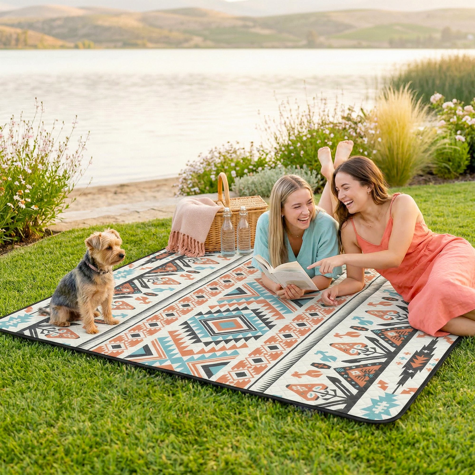 Outsunny Picnic Blanket, 200x200CM Large Beach Blanket Outdoor Picnic Mat with Integrated Strap for Camping, Mix-Colour 