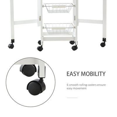 HOMCOM Drop-Leaf Kitchen Cart Trolley w/ 3 Baskets Drawer Surface Top 6 Universal Wheels Rolling Storage Unit Kitchen Home Dining Island White Oak Tone 
