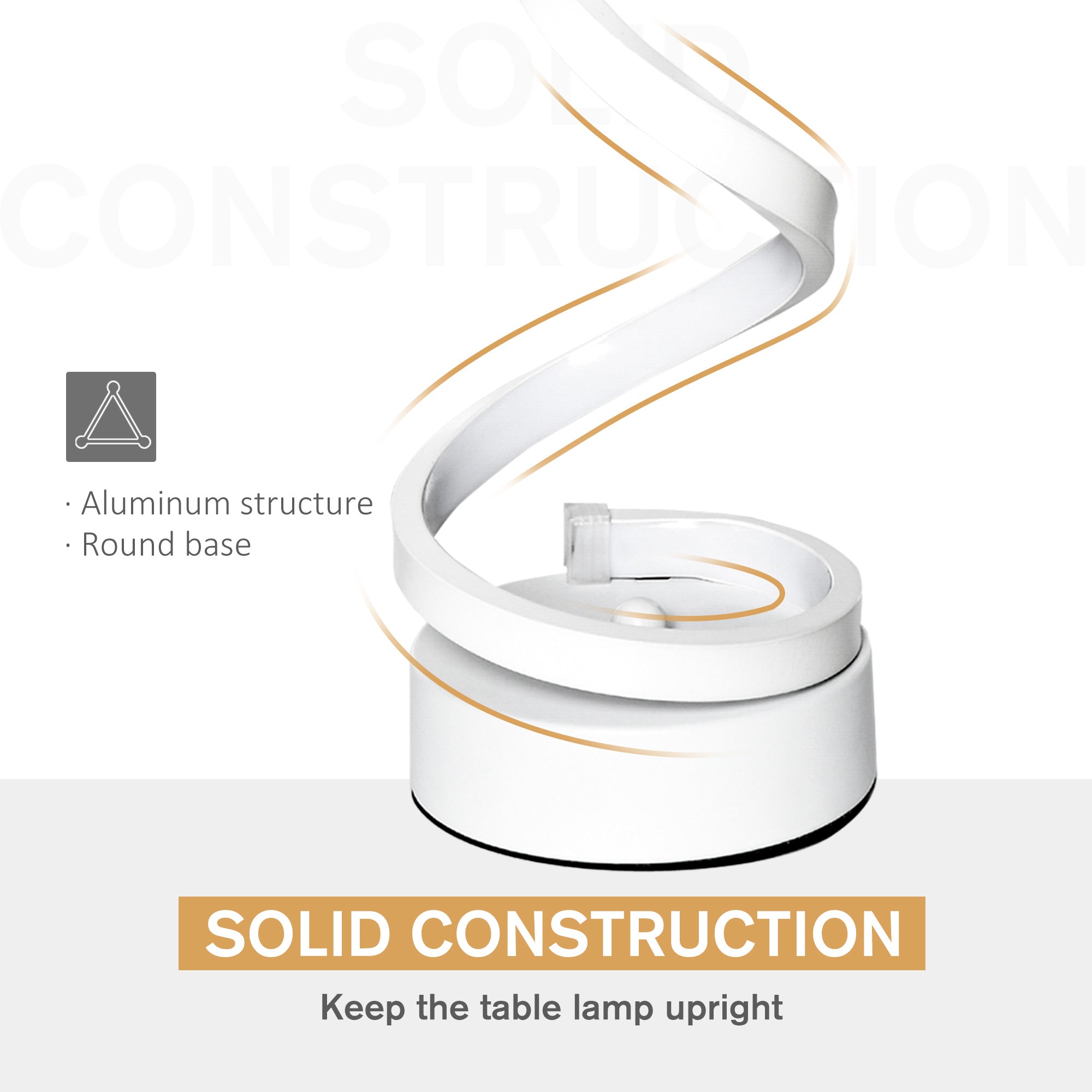 HOMCOM Modern Wave-Shaped LED Table Lamp with Round Metal Base for Living Room, Bedroom, Study, Dining Room, Office, Cool White 6000K, White 