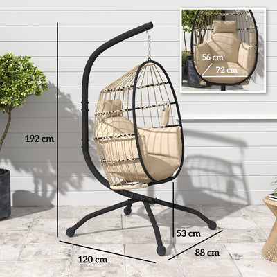 Outsunny Hanging Egg Chair Outdoor Indoor Garden Swing Chair with Folding Basket and Thickened Cushion, Garden Hanging Chair with Stand, Headrest, Cup Holder for Patio, Balcony, Khaki 