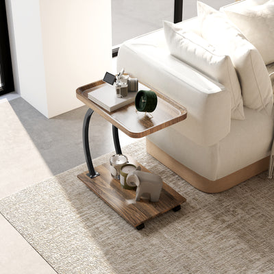 HOMCOM 2-Tier Mobile C-Shaped Side Table - Brown 