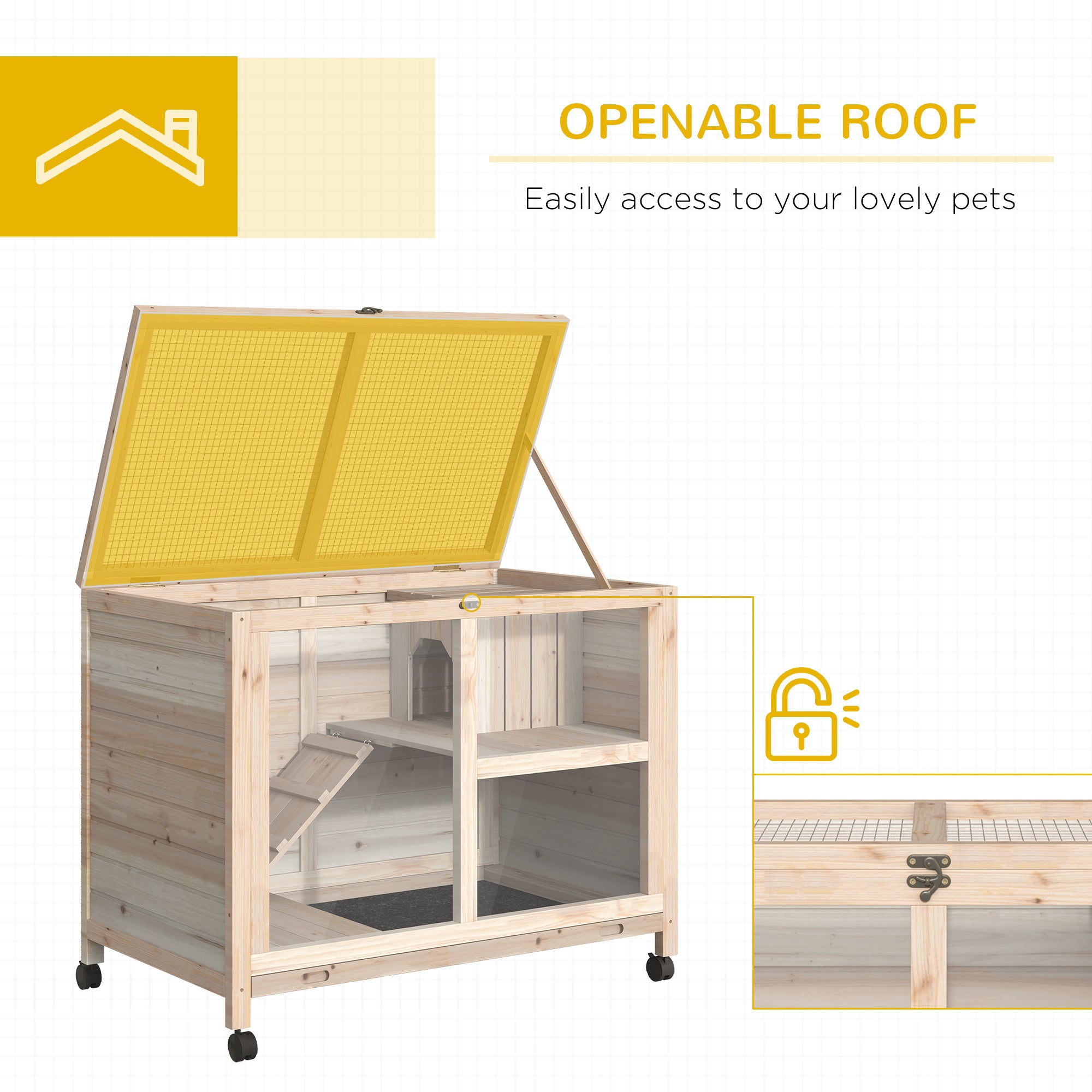 PawHut Rabbit Hutch Indoor Wooden Guinea Pig House Hamster Cage with Wheels, 2 Layers Bunny Cage with Openable Roof, 91.5 x 53.3 x 73 cm, Natural 