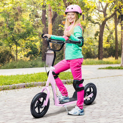 HOMCOM Kids Scooter Kick Scooter with 12" EVA Tyres, Rear Brake, Big Wheels Scooter for 5-12 Years Old, Pink 