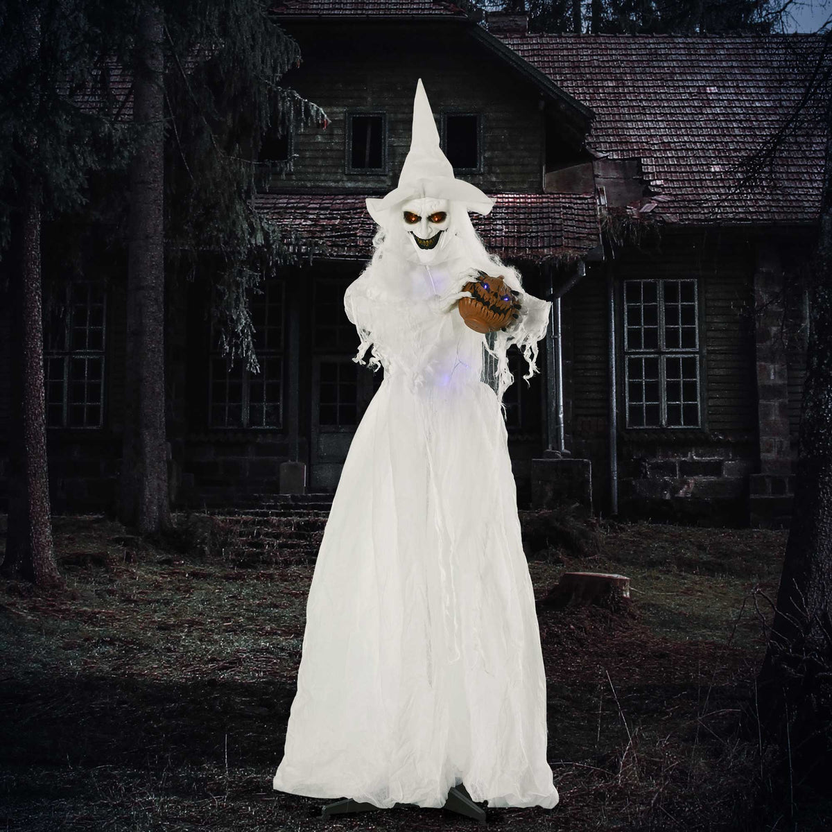 Outsunny 74 Inch Halloween Decorations White Witch Holding Pumpkin Head, Standing Skeleton Ghost Prop Life Size with Light Up Eyes and Body 