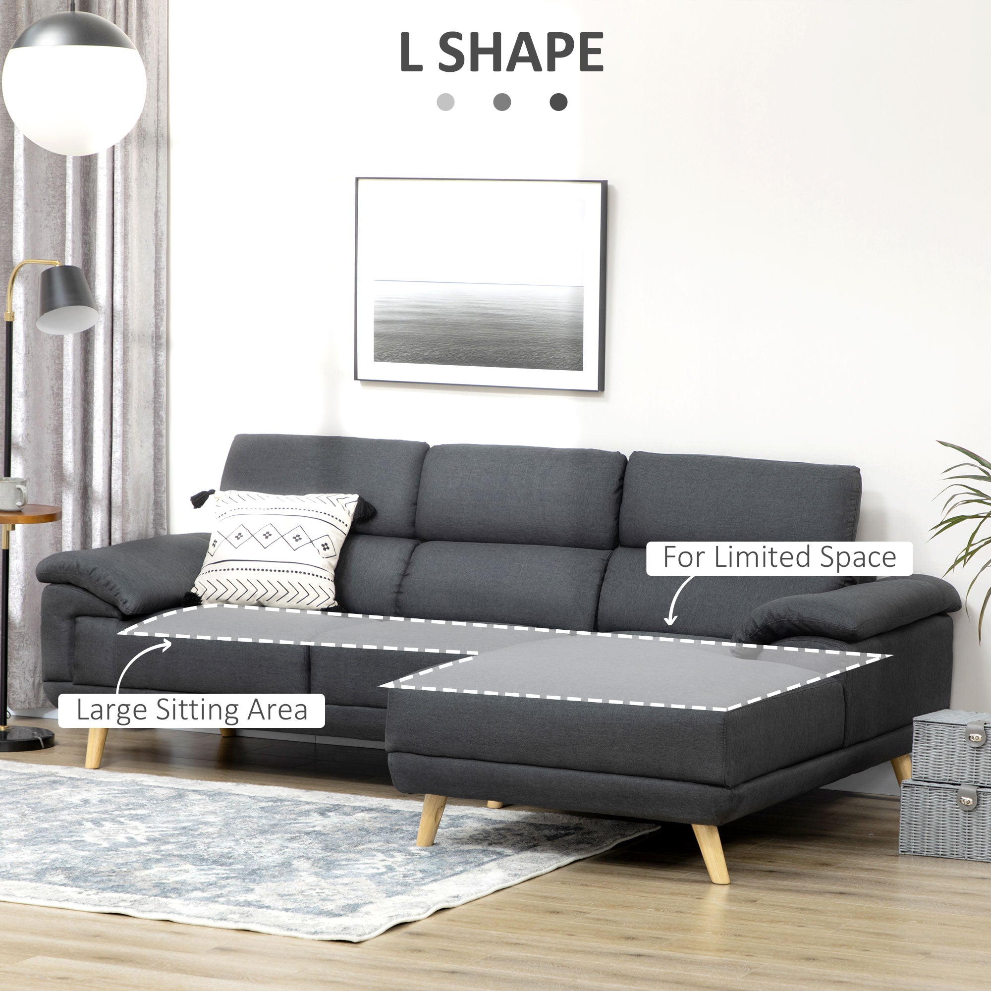 HOMCOM 3 Seater Corner Sofas for Living Room with Adjustable Headrest, Fabric L Shaped Sofa Settee, Couch, Dark Grey 