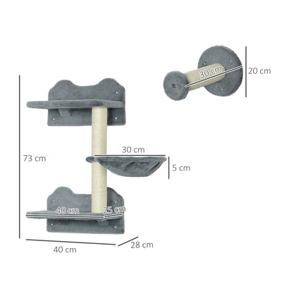 PawHut 4 Piece Cat Shelf with Scratching Post, Wall-Mounted Cat Tree for Indoor Cat - Grey 