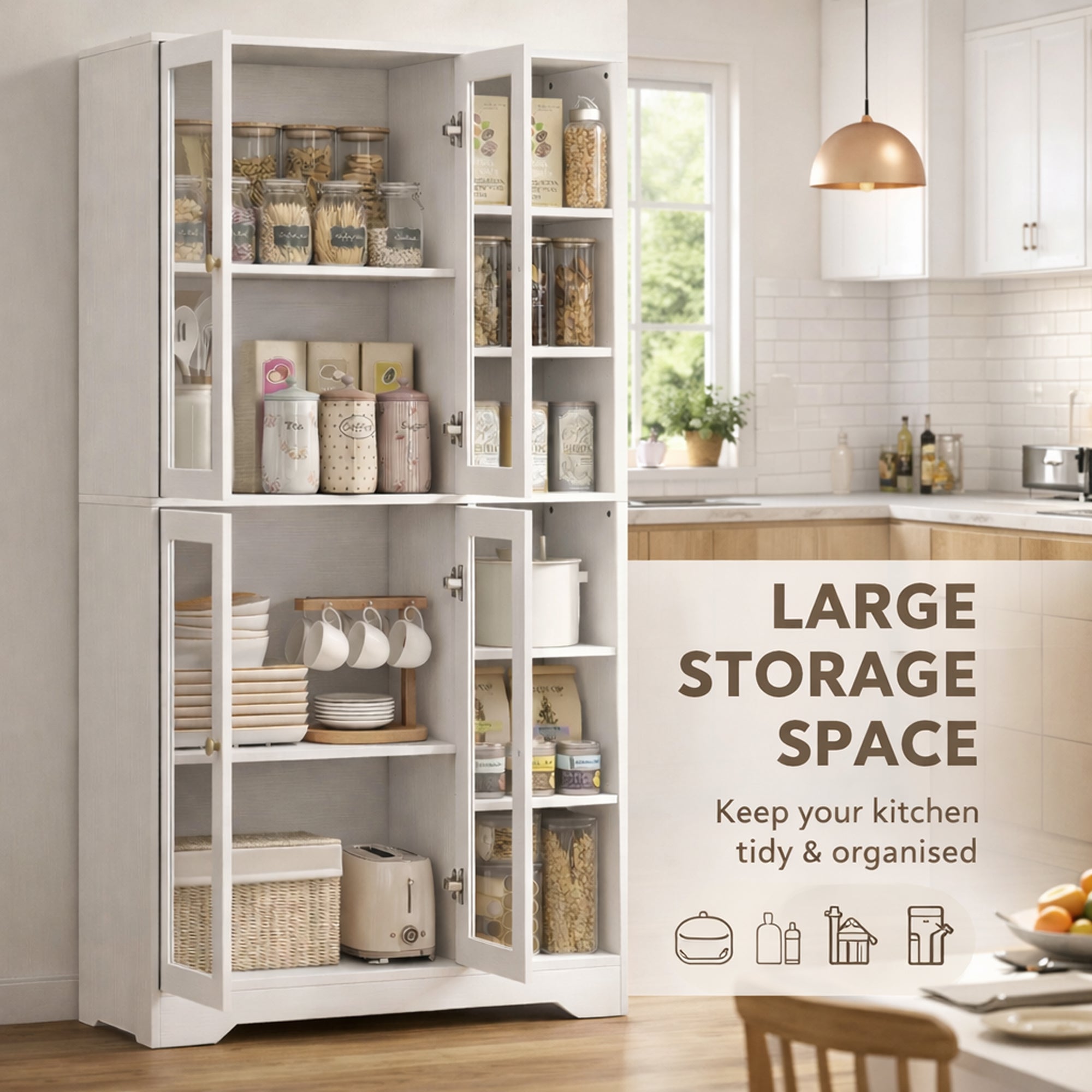 HOMCOM Multi-Storage Kitchen Cabinet, with Glass Doors - White Wood-Effect 