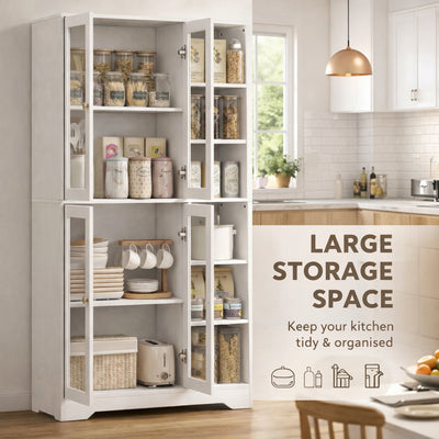 HOMCOM Multi-Storage Kitchen Cabinet, with Glass Doors - White Wood-Effect 