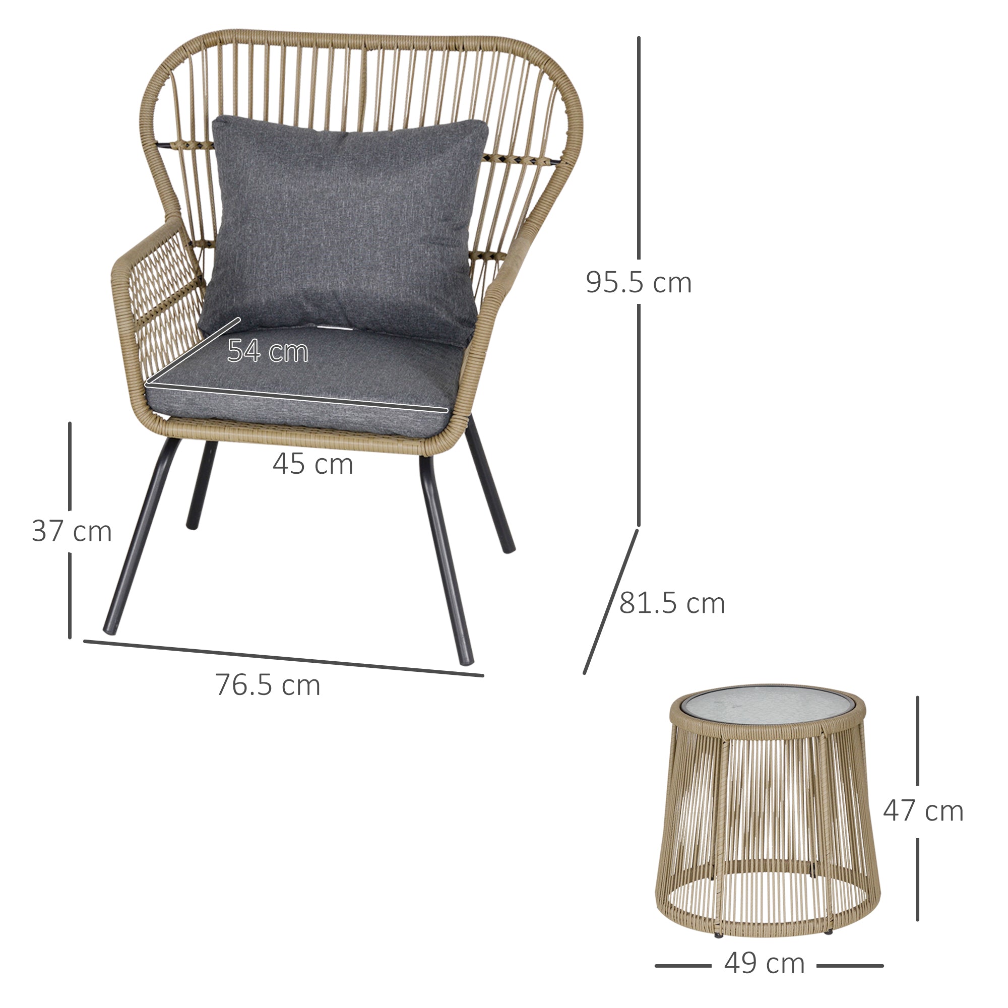 Outsunny 3 Pieces Rattan Bistro Set, Wicker Garden Furniture Set with Cushions, Glass Top Coffee Table and Chairs for Outdoor, Patio, Balcony, Brown 