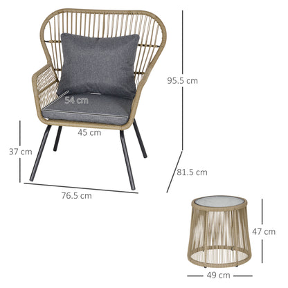 Outsunny 3 Pieces Rattan Bistro Set, Wicker Garden Furniture Set with Cushions, Glass Top Coffee Table and Chairs for Outdoor, Patio, Balcony, Brown 