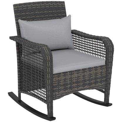 Outsunny Garden Rocking Chair, Outdoor Rattan Rocker Lounge Chair with Seat and Back Cushions, Patio Armchair Seat with All-weather Wicker, Steel Frame for Porch Balcony, Light Grey 