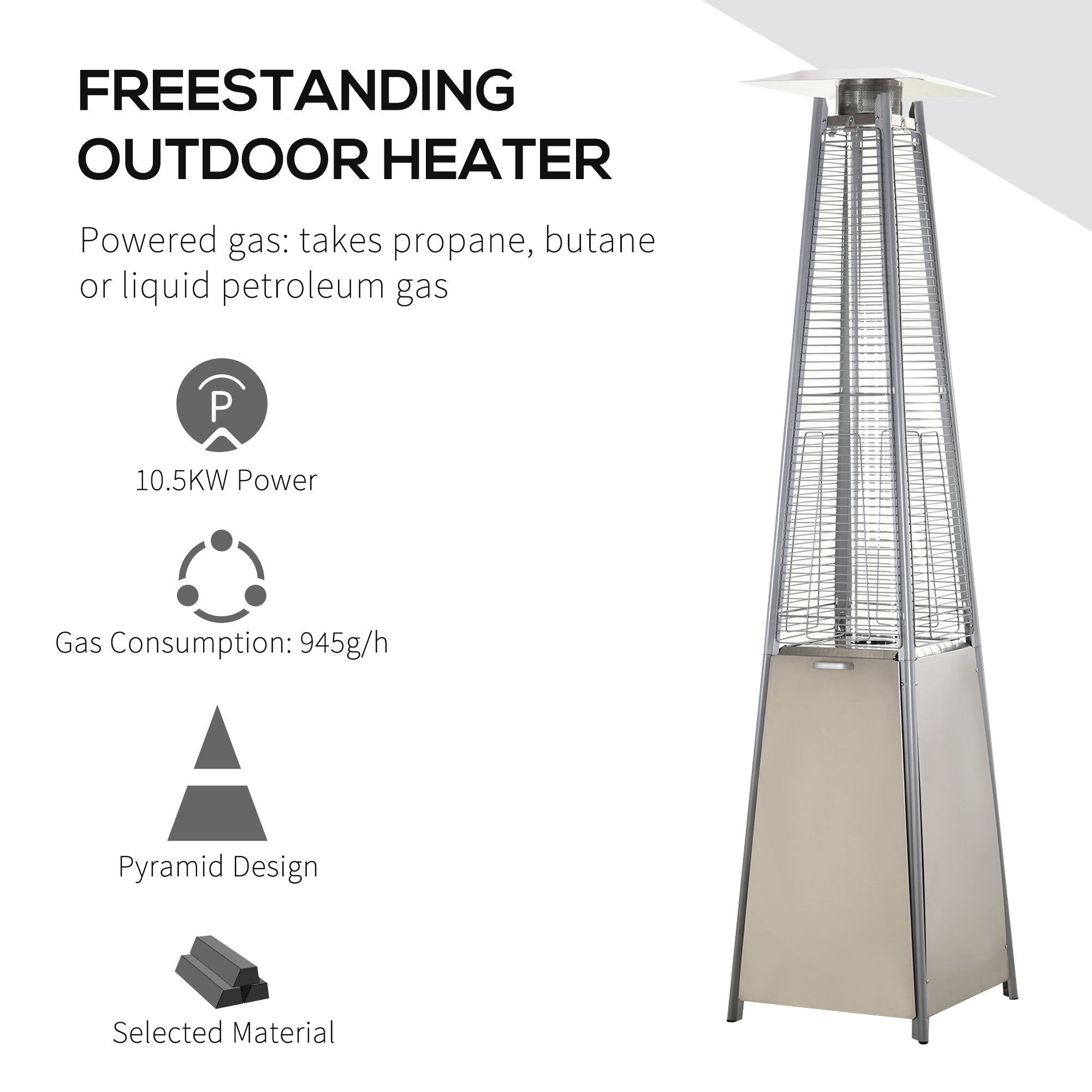 Outsunny Stainless Steel Outdoor Garden Pyramid Patio Heater with Wheels and Rain Cover - Silver 