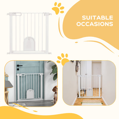 PawHut 75-82cm Pet Safet Gaye, Pressure Fit Stair, with Cat Flap, Double Locking, White 