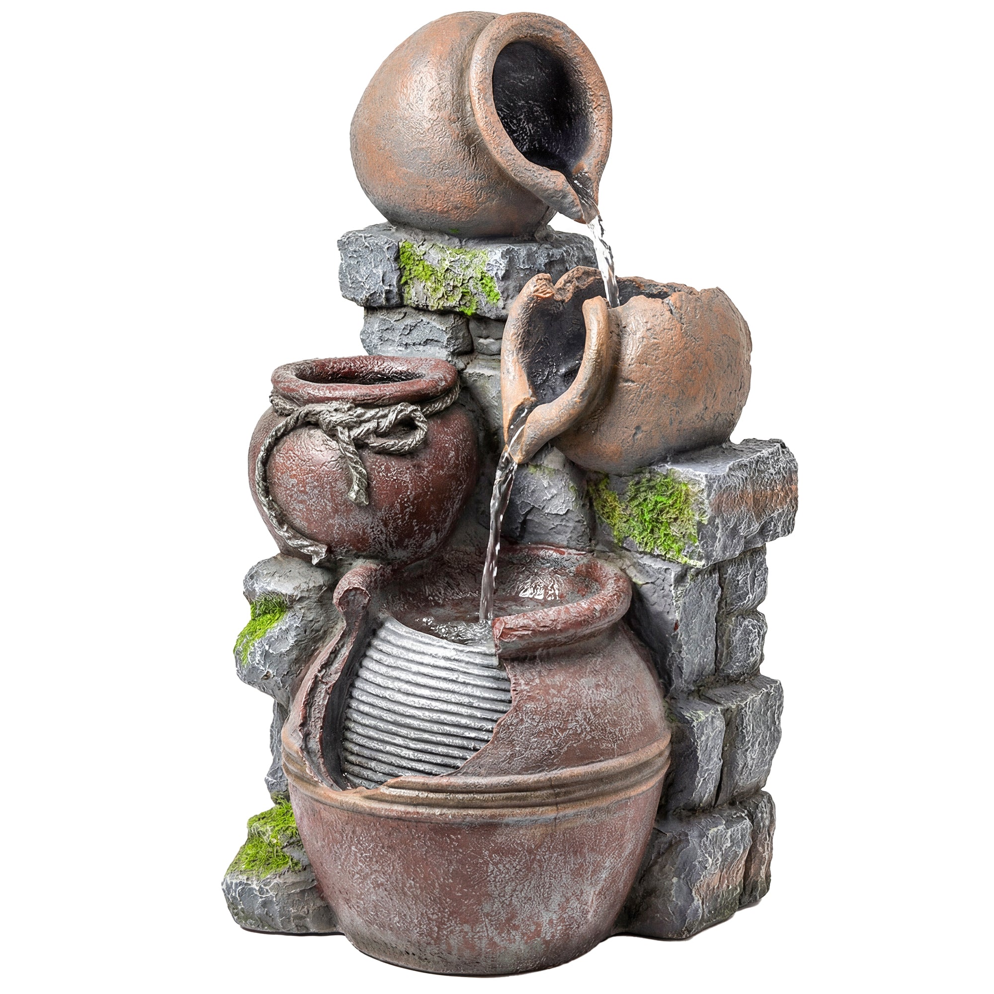 Outsunny Outdoor Fountain with 4-Tier Rustic Pots & Planter, Garden Fountain with LED Lights, Rustic Brown 