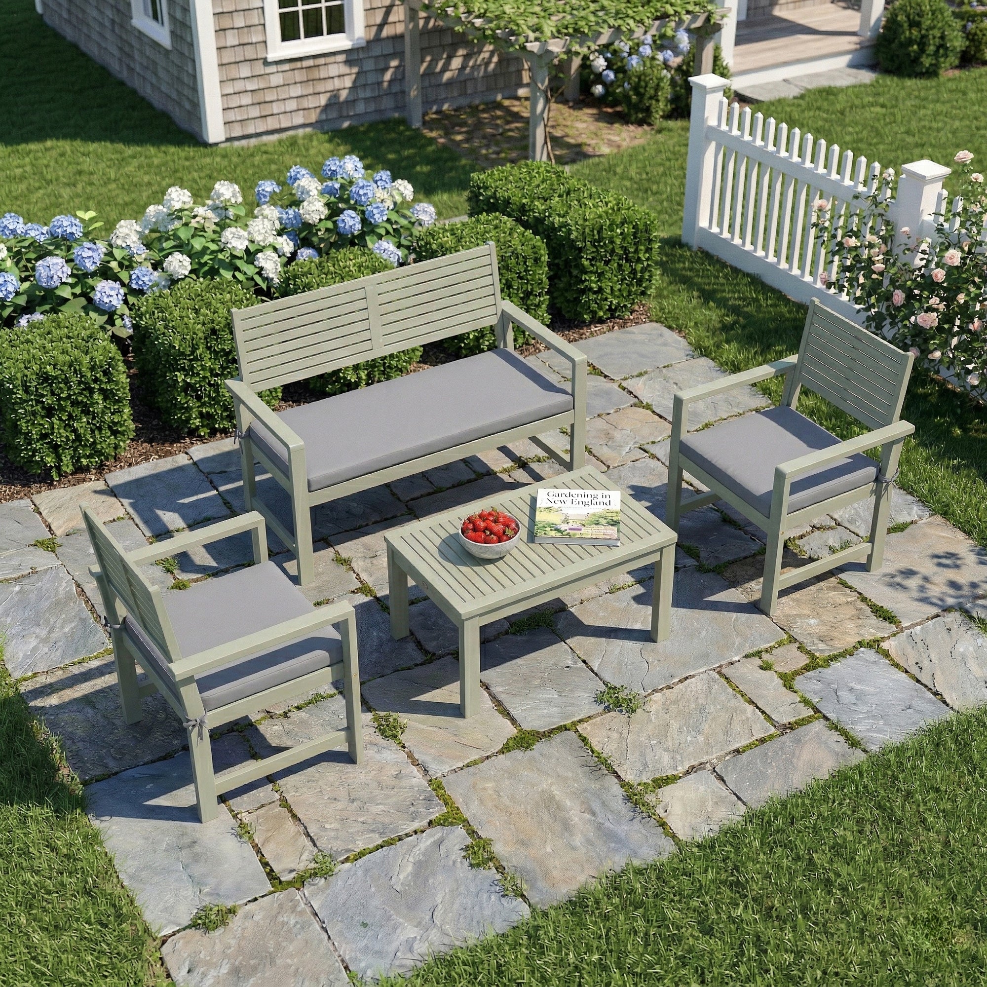 Outsunny 4 Seater Wooden Garden Furniture Set with Loveseat, Armchairs, Table, Acacia Wood Garden Sofa Set, Light Grey 