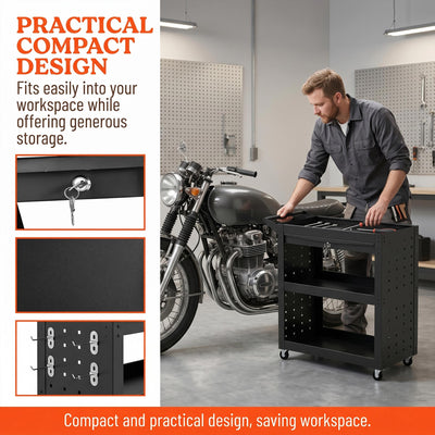 HOMCOM Tool Cart with Lockable Wheels, Rolling Workshop Cart with 3-Tier Trays, Drawer, Pegboards, Black