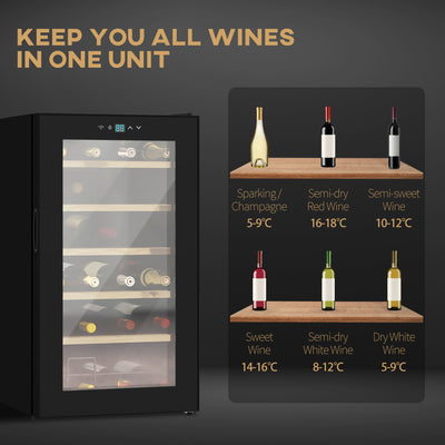 HOMCOM 24 Bottles Freestanding Wine Fridge with Glass Door, 65 Litres Single Zone Wine Cooler Fridge with Digital Touch Screen Controls and LED Light, Black 