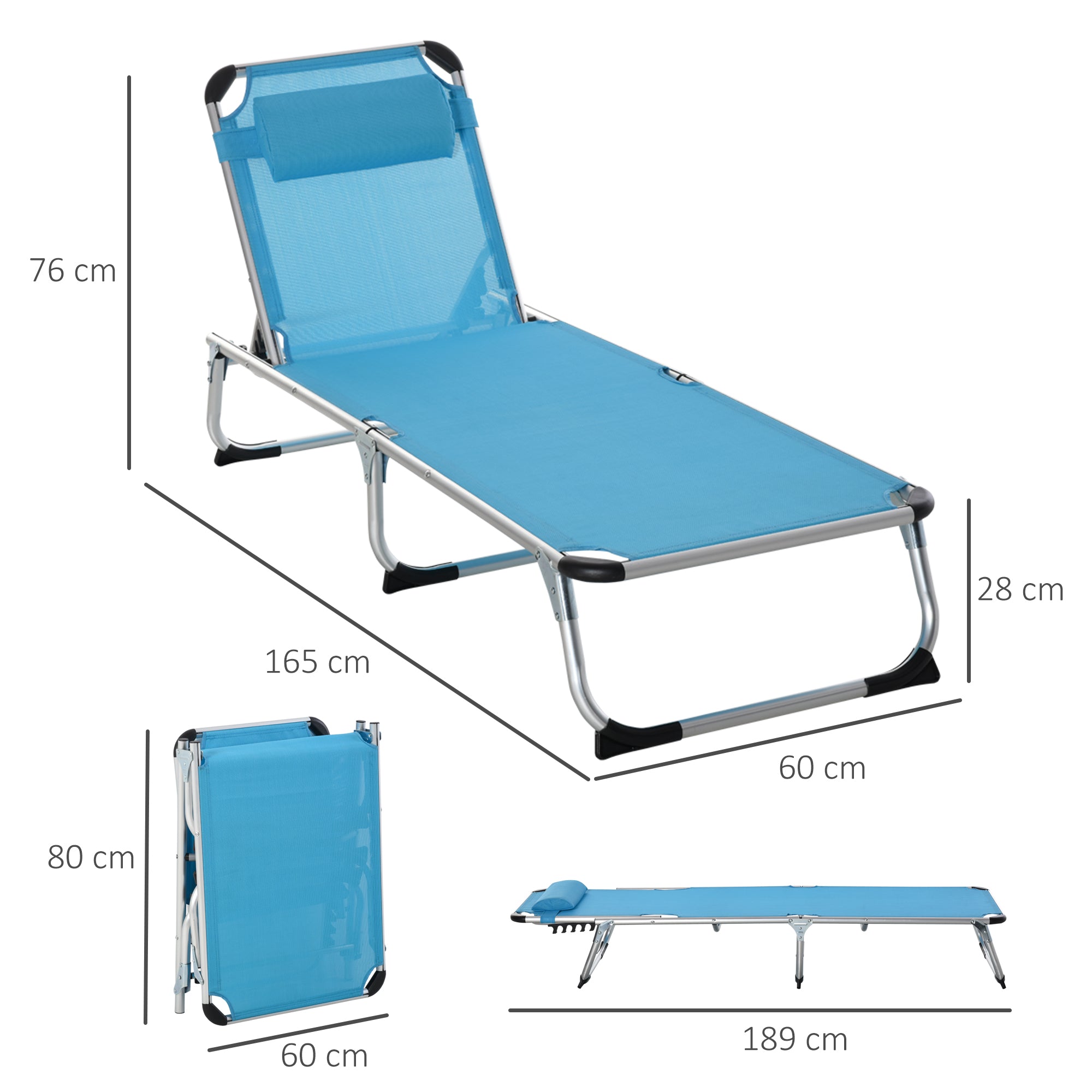 Outsunny Foldable Outdoor Sun Lounger, Reclining Lounge Chair Camping Bed Cot with Pillow 4-Level Adjustable Back Aluminium Frame, Blue 