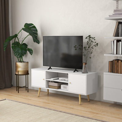 HOMCOM TV Stand Cabinet up to 55 Inches, TV Unit with Storage Shelves and Wood Legs for Living Room, Bedroom, White 