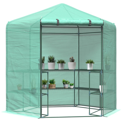 Outsunny Hexagon Walk In Greenhouse with Shelves, Outdoor Green House Grow House with Waterproof PE Cover and Roll-up Door, 228 x 196 x 215 cm, Green 