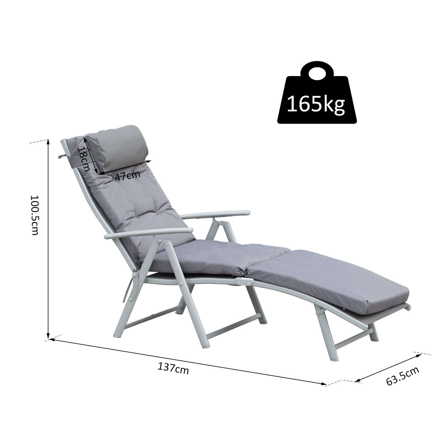 Outsunny Steel Frame Outdoor Garden Padded Sun Lounger w/ Pillow Grey 
