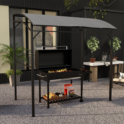 Outsunny 2.2 x 1.5 m BBQ Grill Gazebo Tent, Garden Grill with Metal Frame, Curved Canopy and 10 Hooks, Outdoor Sun Shade, Grey 