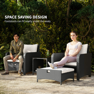 Outsunny Five Piece Rattan Garden Furniture Set with 2-Tier Coffee Table and Ottomans  - Cream White 